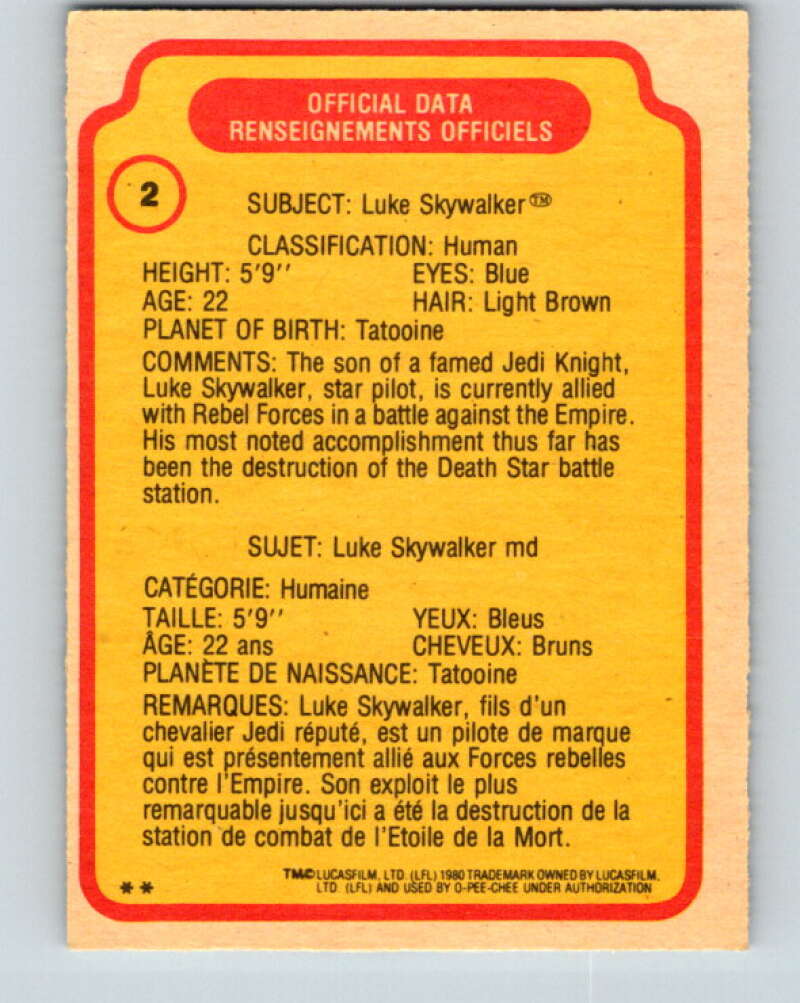 1980 OPC The Empire Strikes Back #2 Luke Skywalker V42748