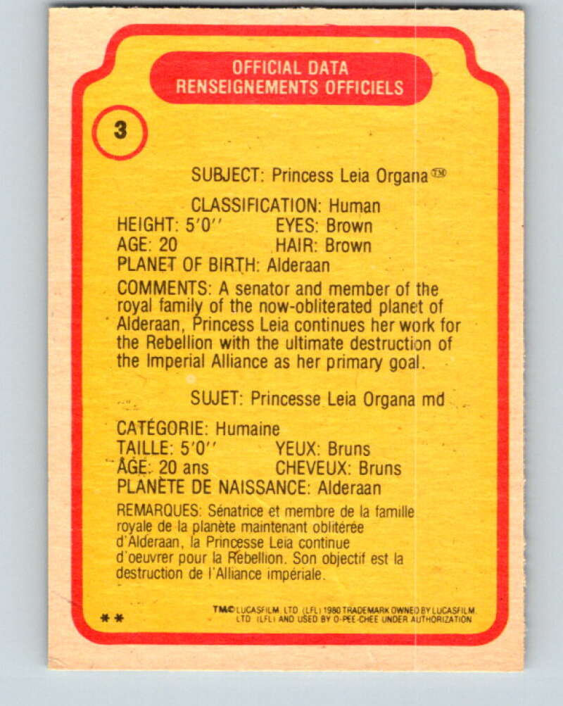1980 OPC The Empire Strikes Back #3 Princess Leia   V42749
