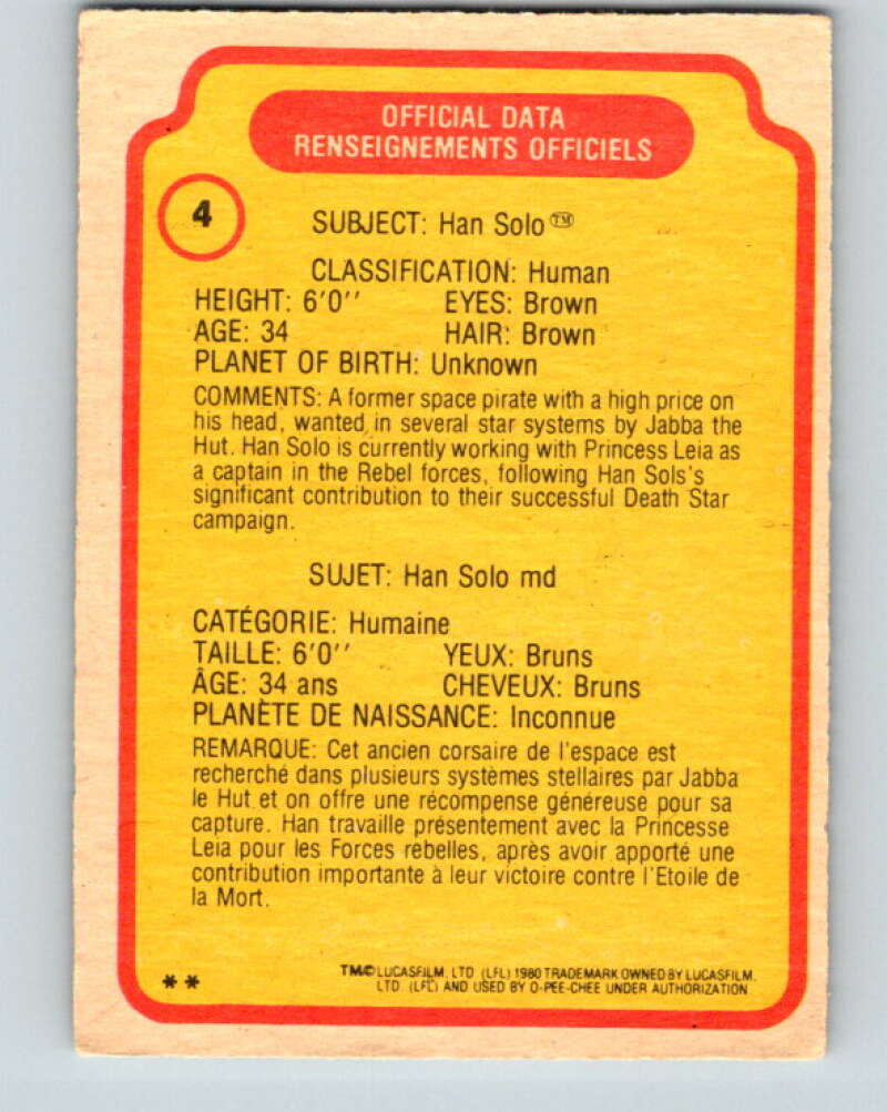1980 OPC The Empire Strikes Back #4 Han Solo V42751