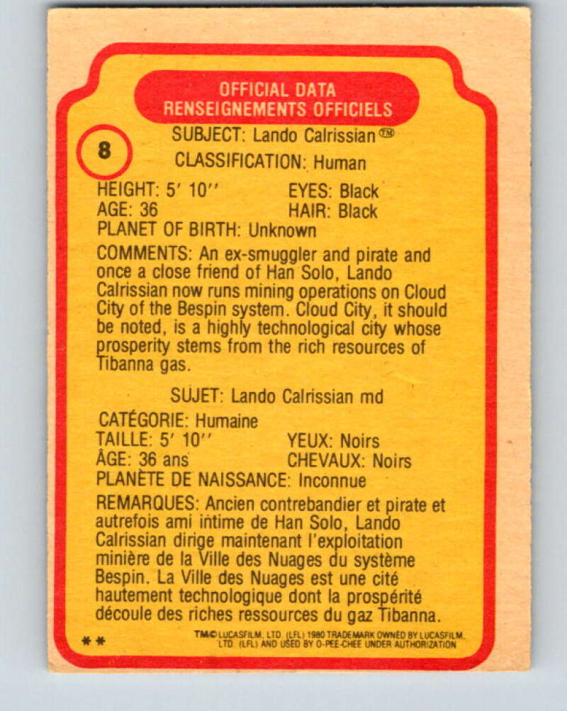 1980 OPC The Empire Strikes Back #8 Lando Calrissian V42762