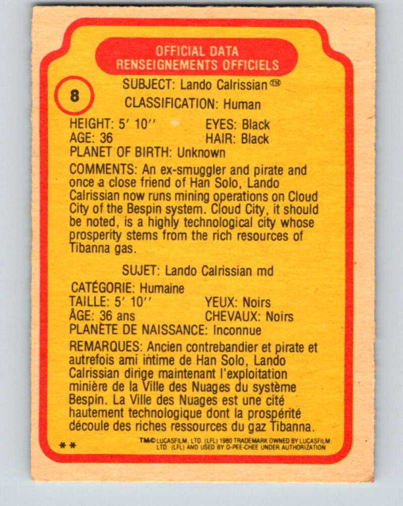1980 OPC The Empire Strikes Back #8 Lando Calrissian V42763