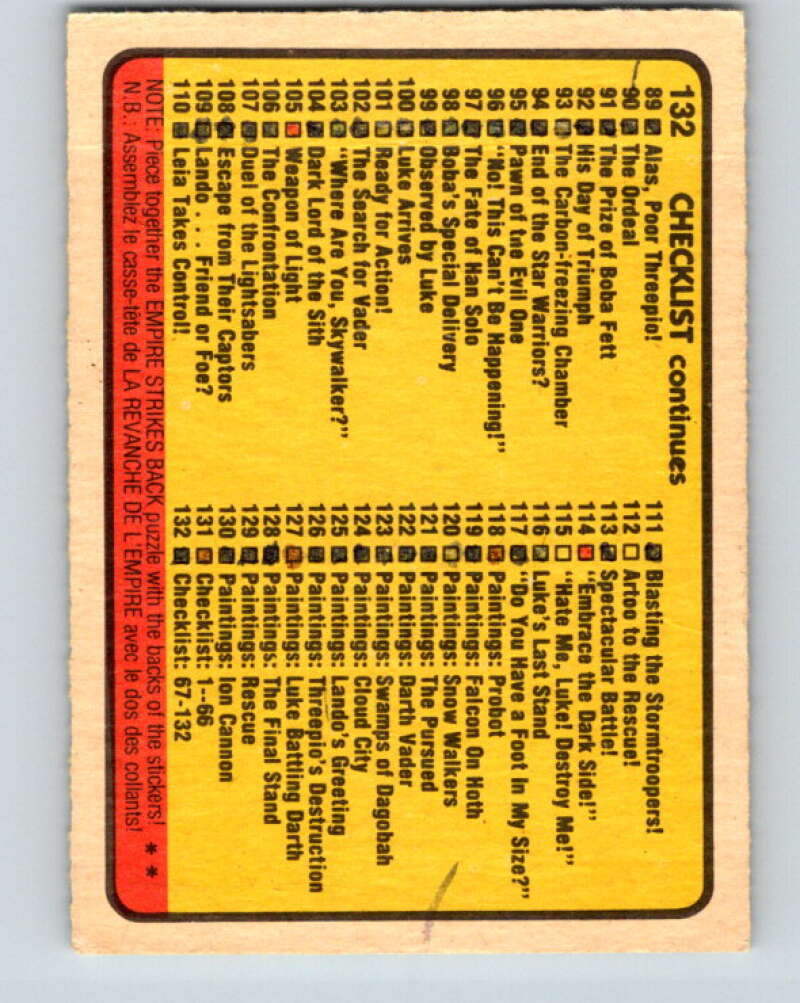 1980 OPC The Empire Strikes Back #132 Checklist 67-132 V43155