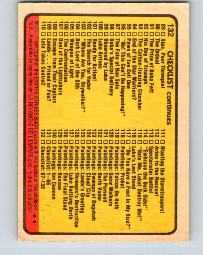 1980 OPC The Empire Strikes Back #132 Checklist 67-132 V43156