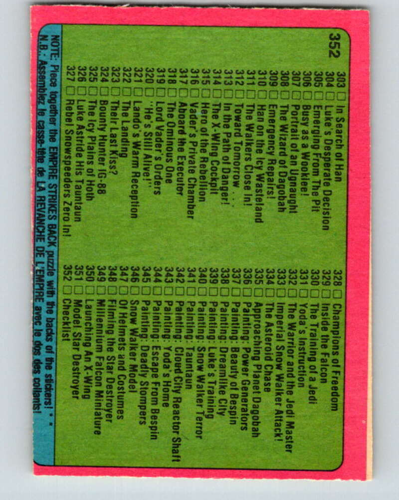 1980 OPC The Empire Strikes Back #352 Checklist 265-352 V43302