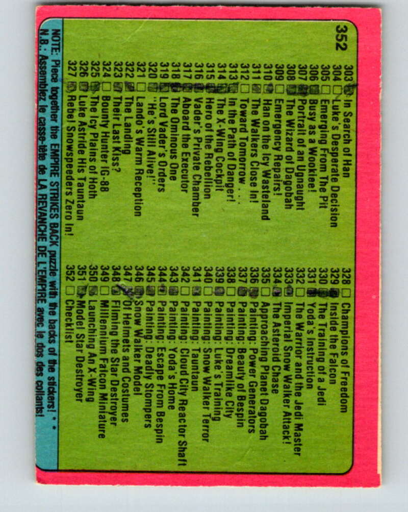 1980 OPC The Empire Strikes Back #352 Checklist 265-352 V43303