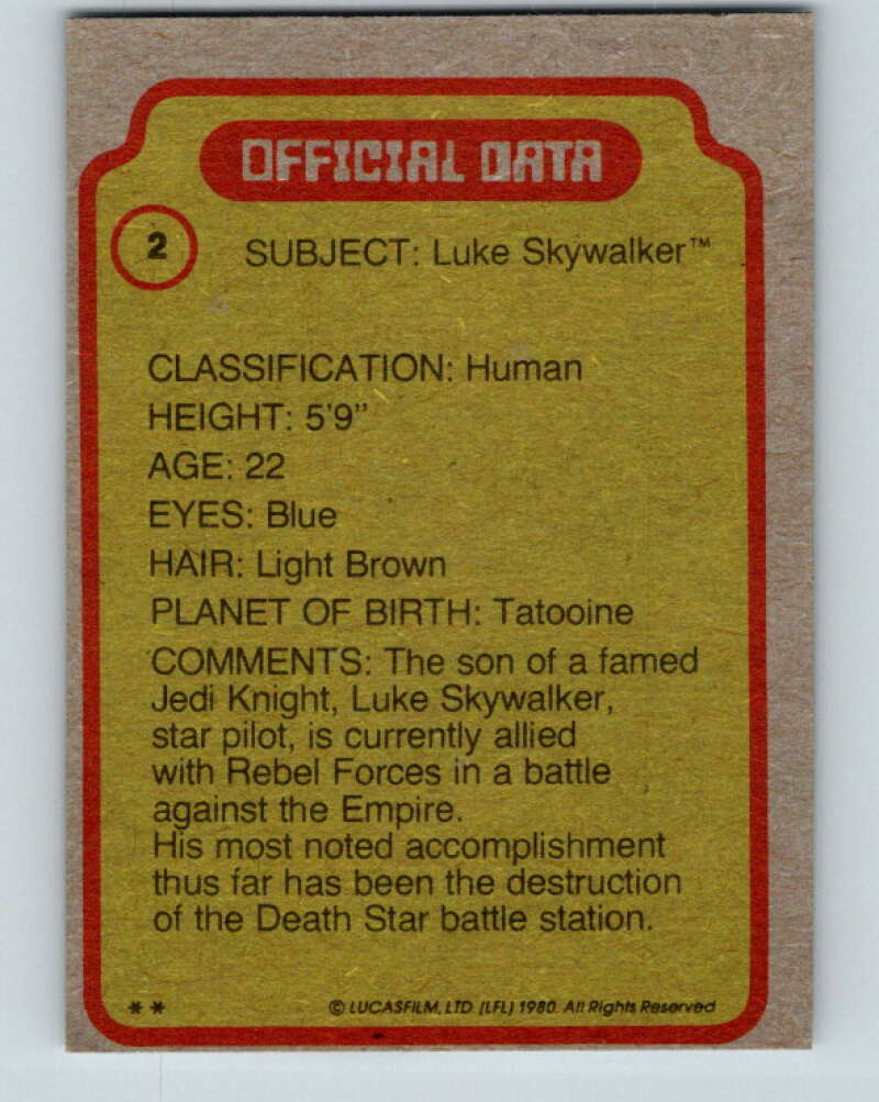 1980 Topps The Empire Strikes Back #2 Luke Skywalker V43307