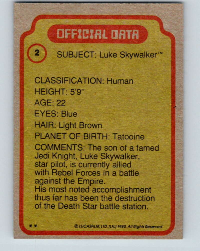 1980 Topps The Empire Strikes Back #2 Luke Skywalker V43308
