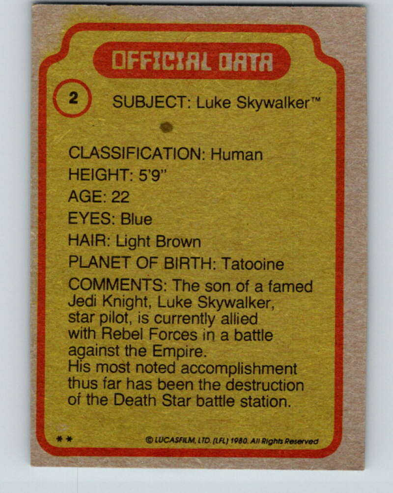 1980 Topps The Empire Strikes Back #2 Luke Skywalker V43309