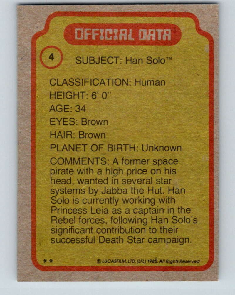 1980 Topps The Empire Strikes Back #4 Han Solo V43311