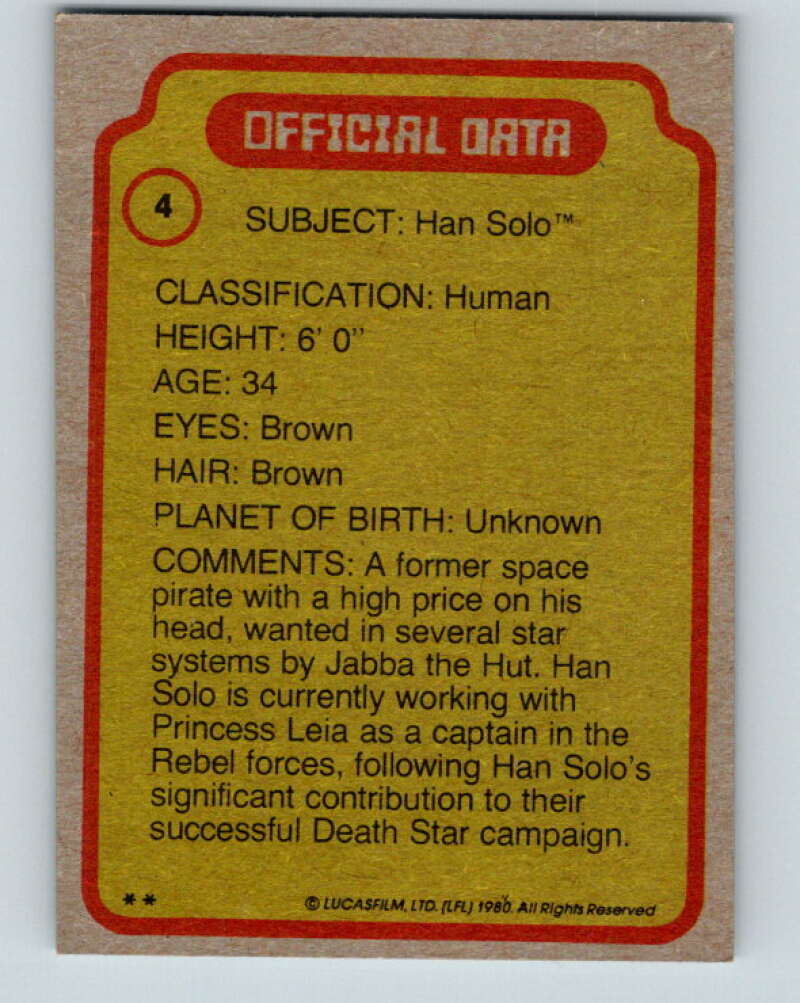 1980 Topps The Empire Strikes Back #4 Han Solo V43313