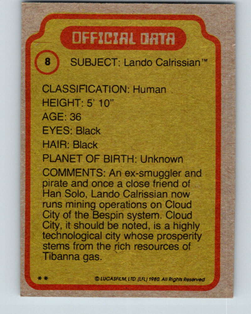1980 Topps The Empire Strikes Back #8 Lando Calrissian V43317
