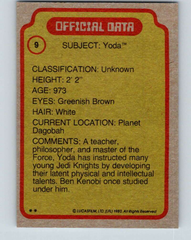 1980 Topps The Empire Strikes Back #9 Yoda V43318