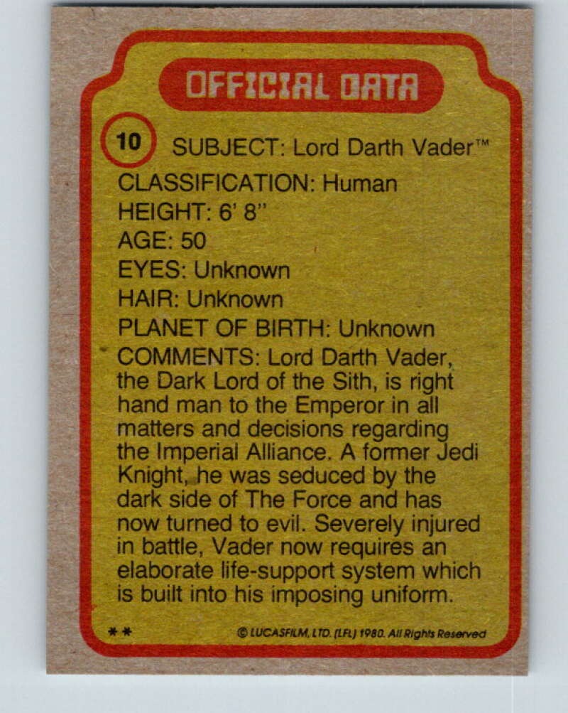 1980 Topps The Empire Strikes Back #10 Darth Vader V43321