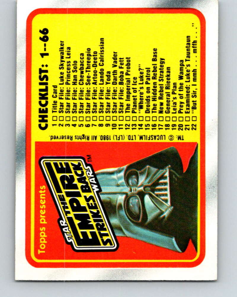 1980 Topps The Empire Strikes Back #131 Checklist 1-66 V43578