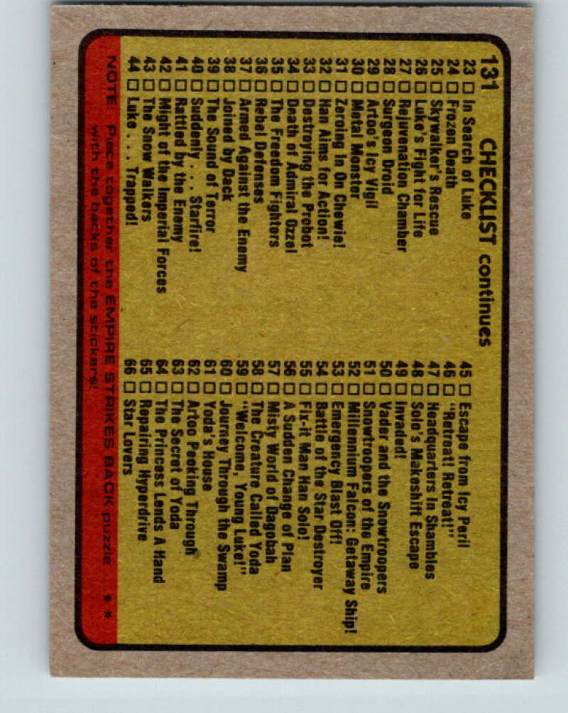 1980 Topps The Empire Strikes Back #131 Checklist 1-66 V43578
