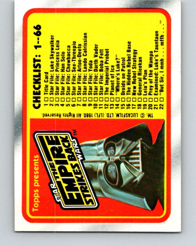 1980 Topps The Empire Strikes Back #131 Checklist 1-66 V43579