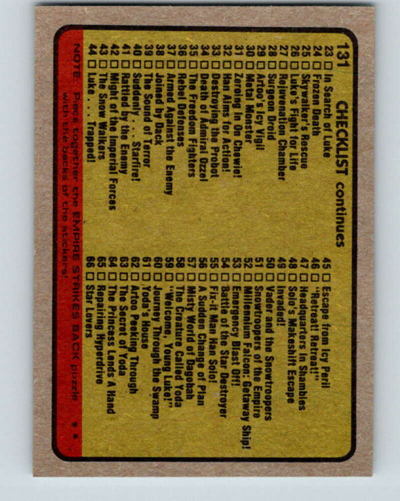 1980 Topps The Empire Strikes Back #131 Checklist 1-66 V43579