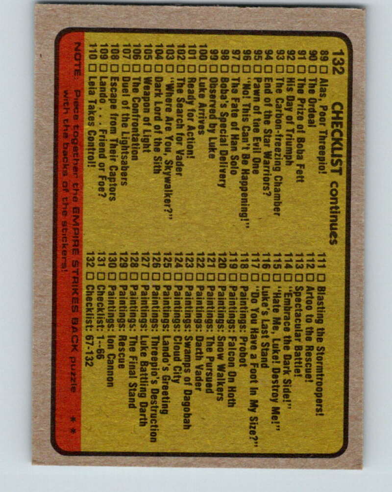 1980 Topps The Empire Strikes Back #132 Checklist 67-132 V43580