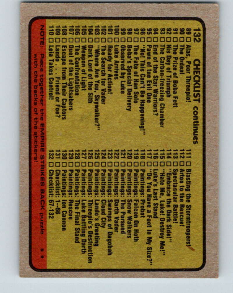 1980 Topps The Empire Strikes Back #132 Checklist 67-132 V43581