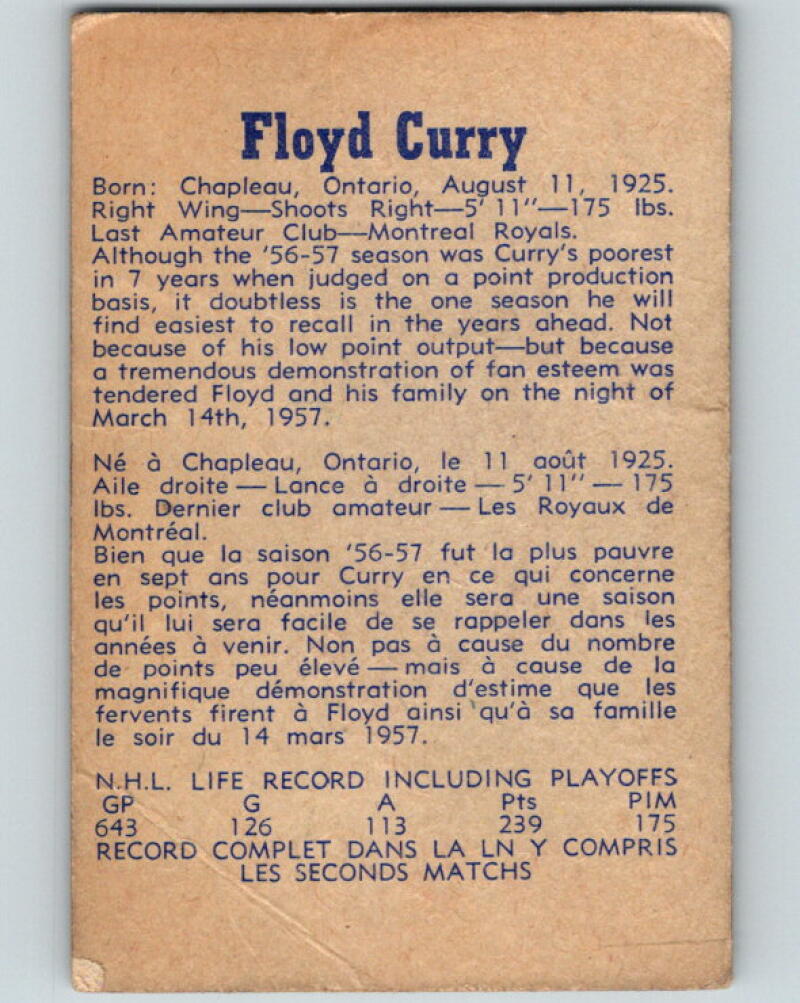 1957-58 Parkhurst #M20 Floyd Curry Montreal Canadiens V44099