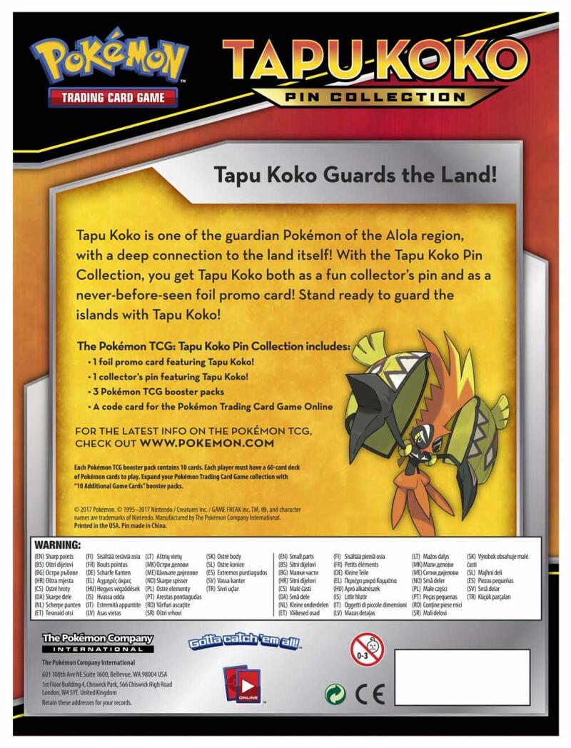 Pokemon Tapu Koko Pin Collection TCG Box - 3 Booster Packs, Pin, Foil Promo +