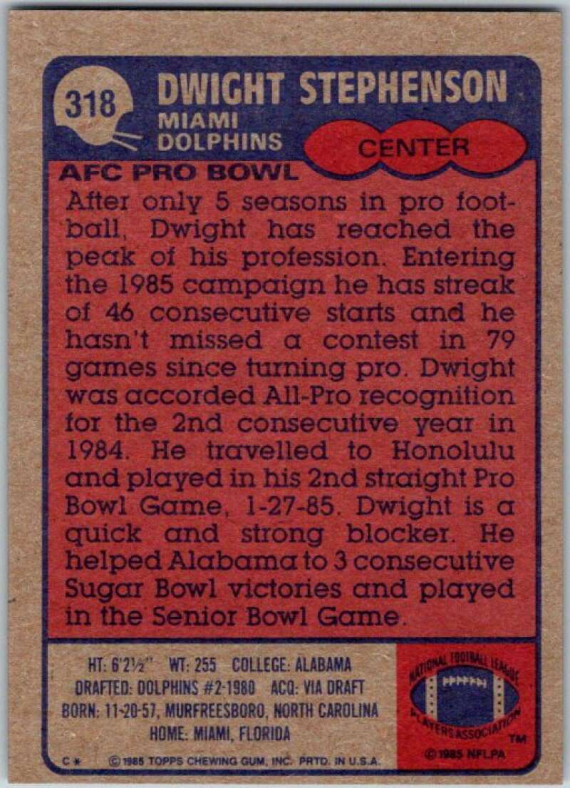1985 Topps Football #318 Dwight Stephenson Miami Dolphins V44809