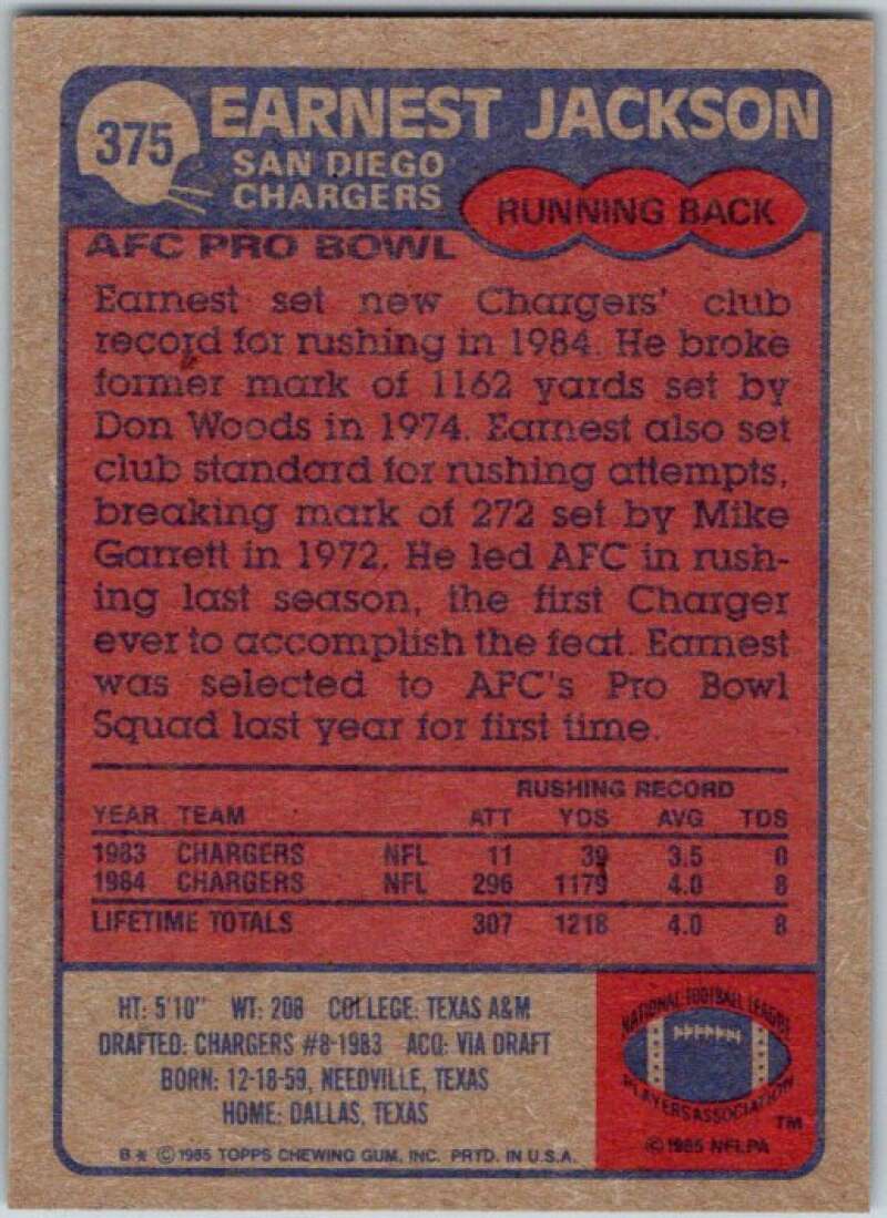 1985 Topps Football #375 Earnest Jackson RC Rookie Chargers V44813