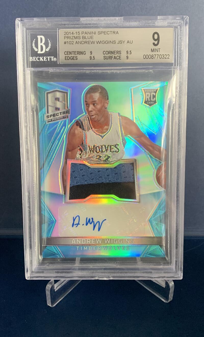 2014-15 Spectra Jerseys Auto Blue Prizms #102 Andrew Wiggins 94/99 RC Rookie BGS 9