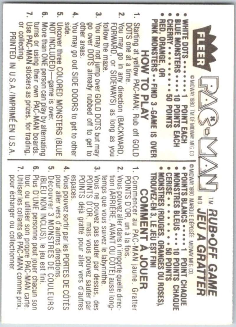 1980 Fleer Pac-Man Rub-Off Game Card Unscratched V44860