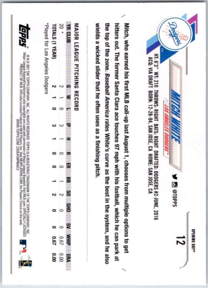 2021 Topps Opening Day #12 Mitch White RC Rookie Dodgers V44904