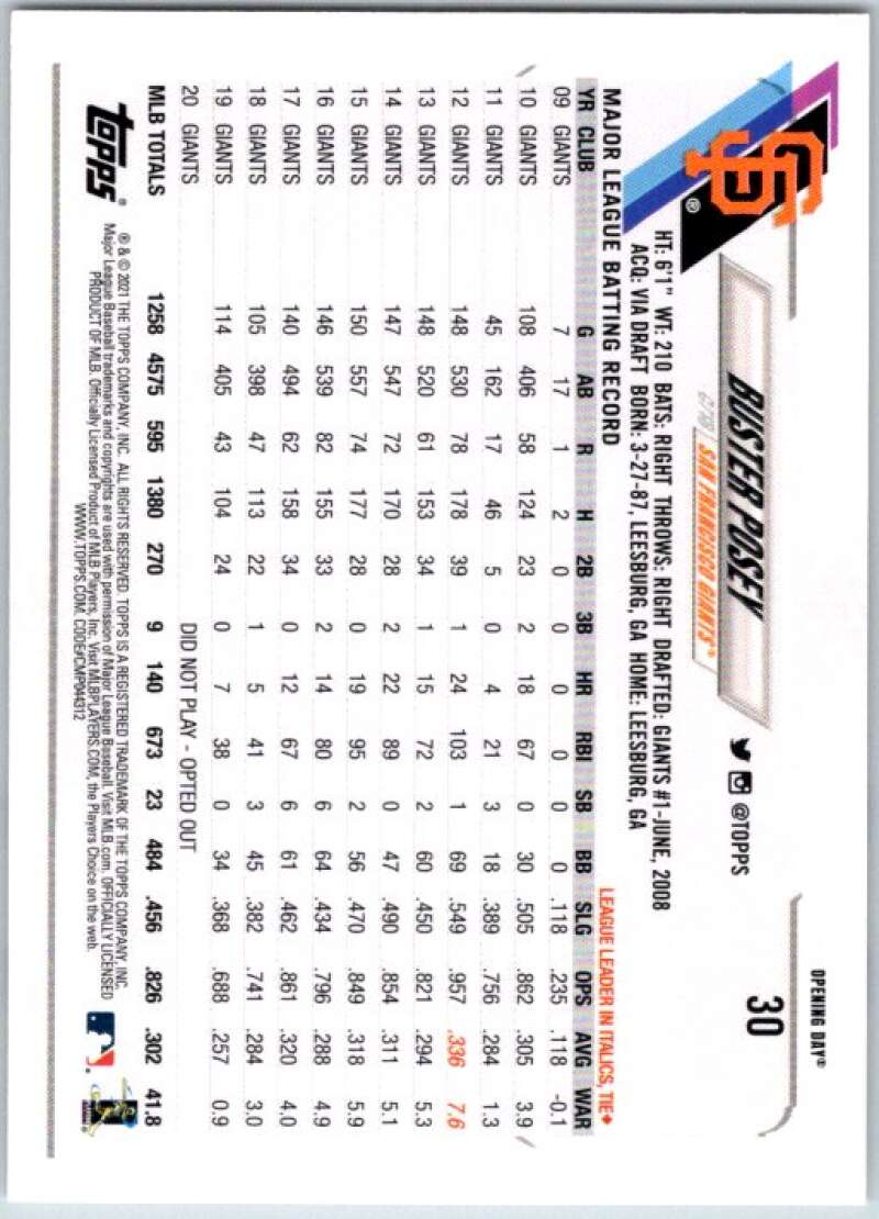 2021 Topps Opening Day #30 Buster Posey San Francisco Giants V44908