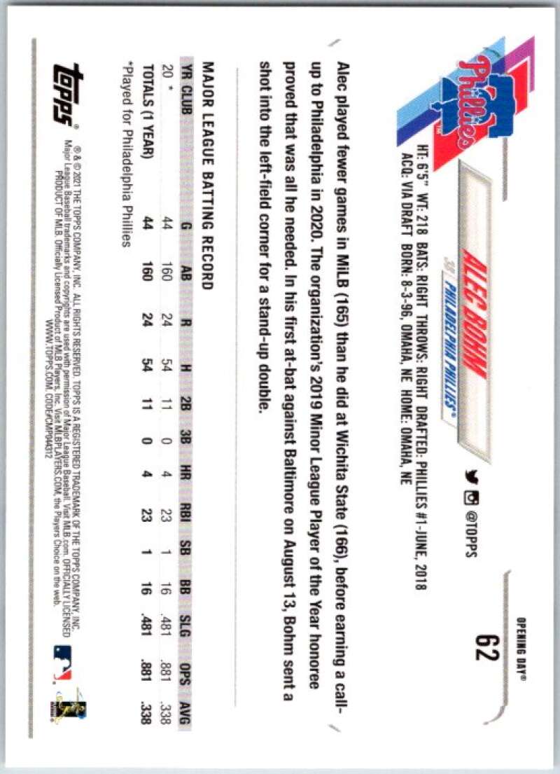 2021 Topps Opening Day #62 Alec Bohm RC Rookie Phillies V44911