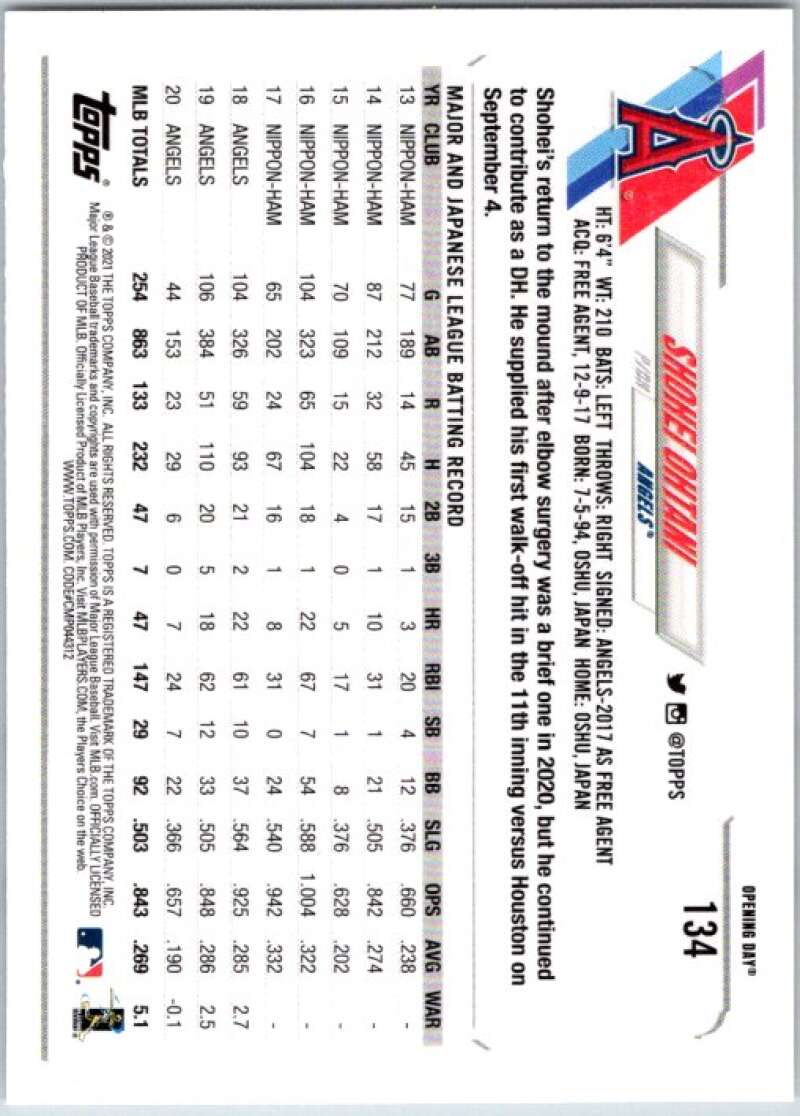 2021 Topps Opening Day #134 Shohei Ohtani Los Angeles Angels V44921