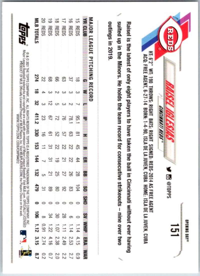 2021 Topps Opening Day #151 Raisel Iglesias Cincinnati Reds V44923