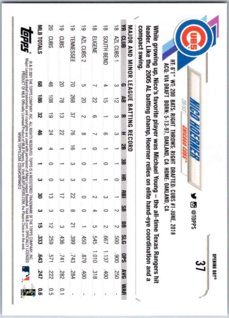 2021 Topps Opening Day Blue Foil #37 Nico Hoerner Chicago Cubs V44933