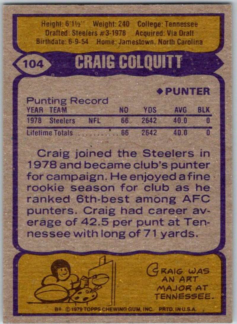 1979 Topps Football #104 Craig Colquitt Pittsburgh Steelers V44986