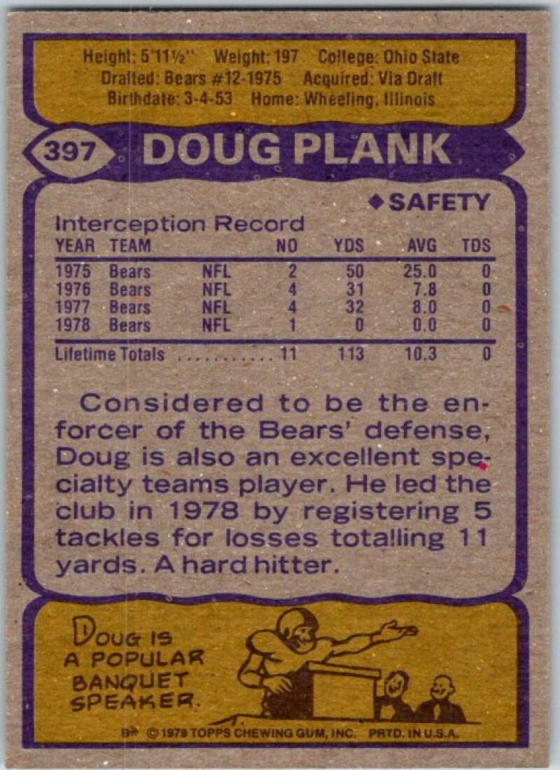 1979 Topps Football #397 Doug Plank Chicago Bears V44995