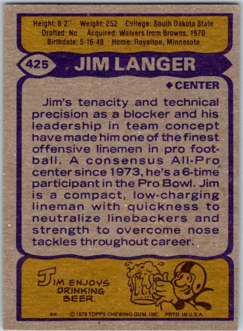 1979 Topps Football #425 Jim Langer Miami Dolphins V44998