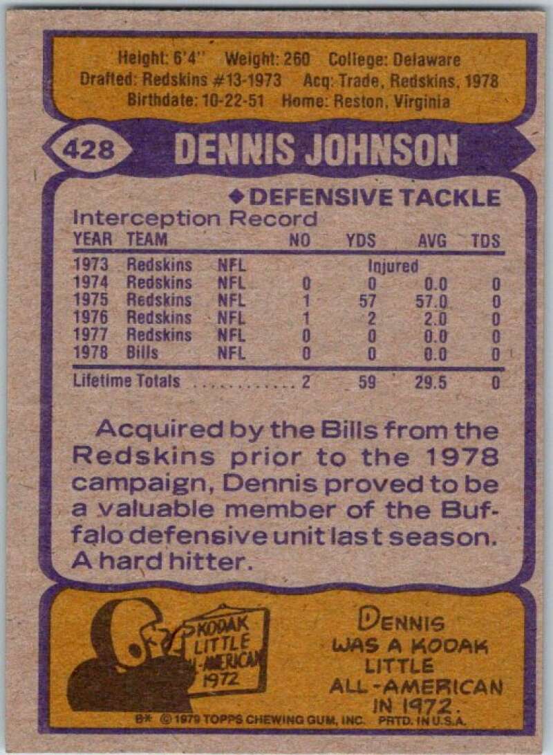 1979 Topps Football #428 Dennis Johnson Buffalo Bills V45000