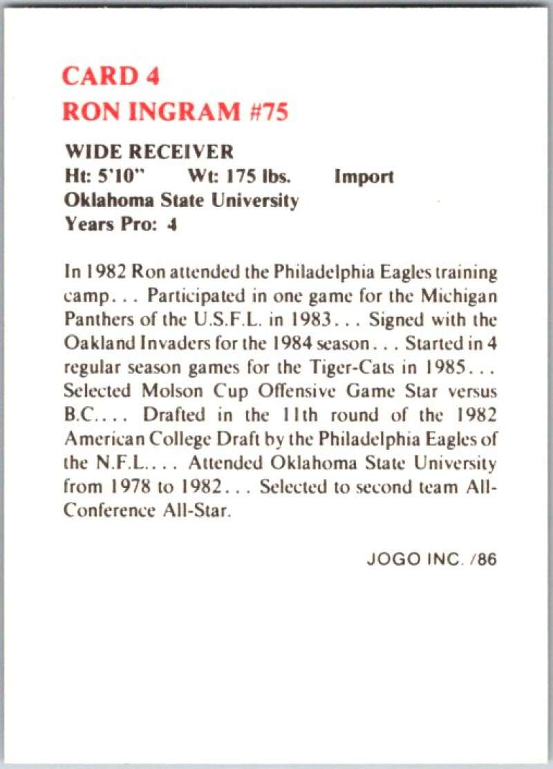 1986 Jogo CFL Football #4 Ron Ingram #75 V45010