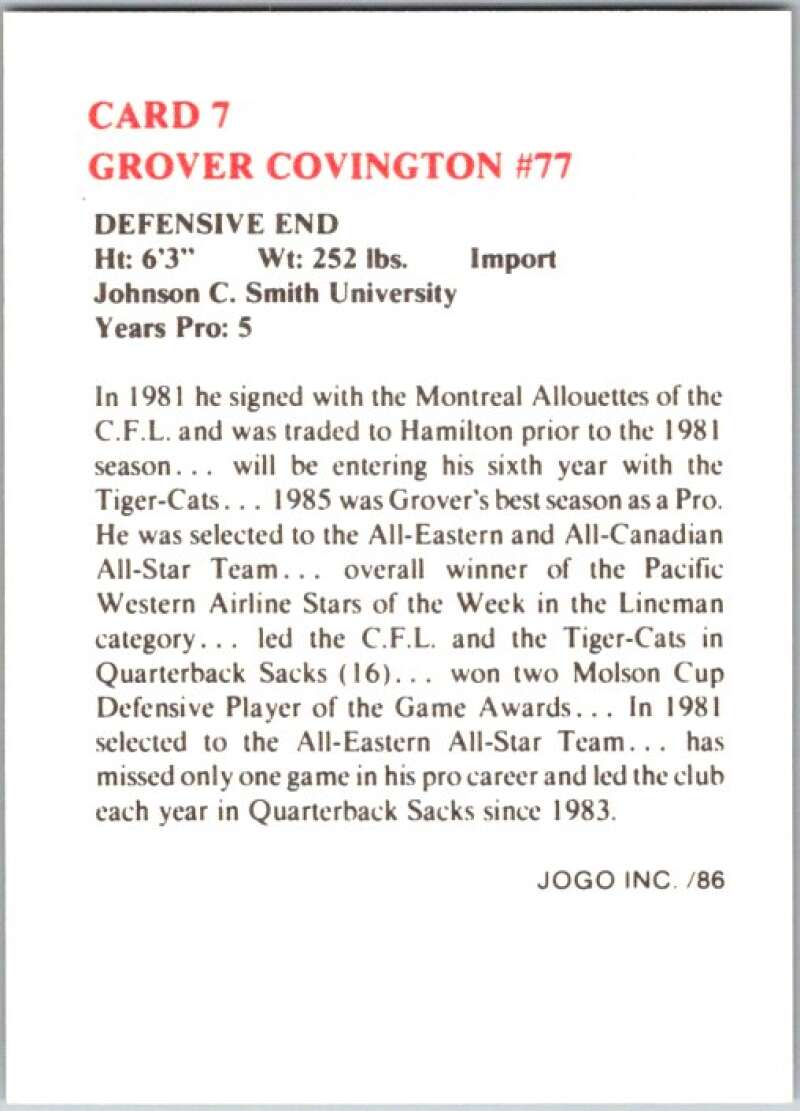 1986 Jogo CFL Football #7 Grover Covington #77 V45013
