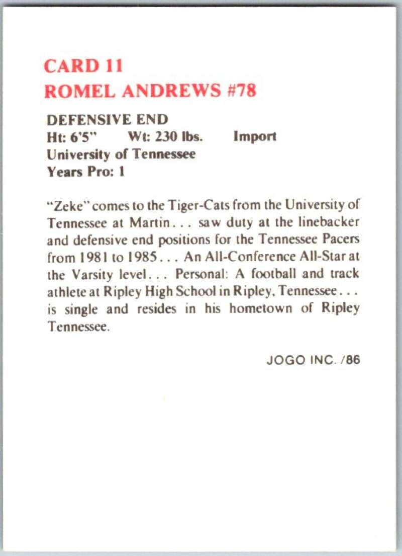1986 Jogo CFL Football #11 Romel Andrews #78  V45017