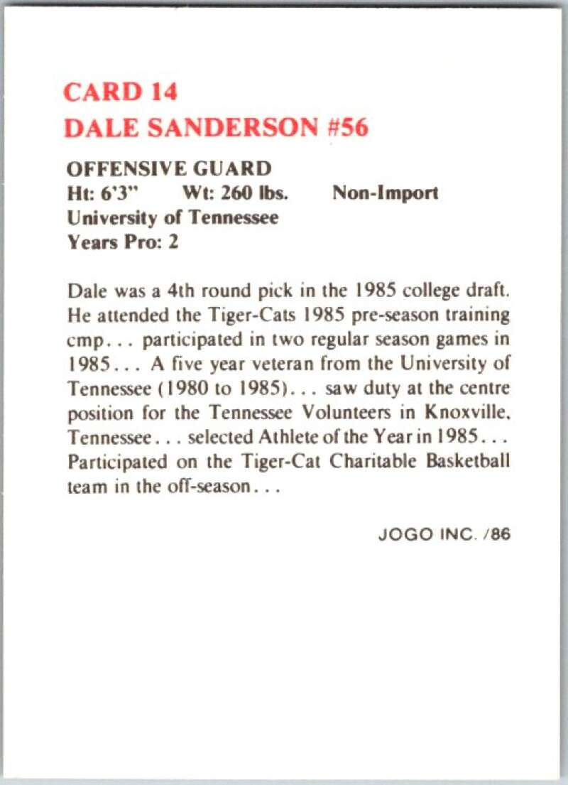 1986 Jogo CFL Football #14 Dale Sanderson #56 V45020