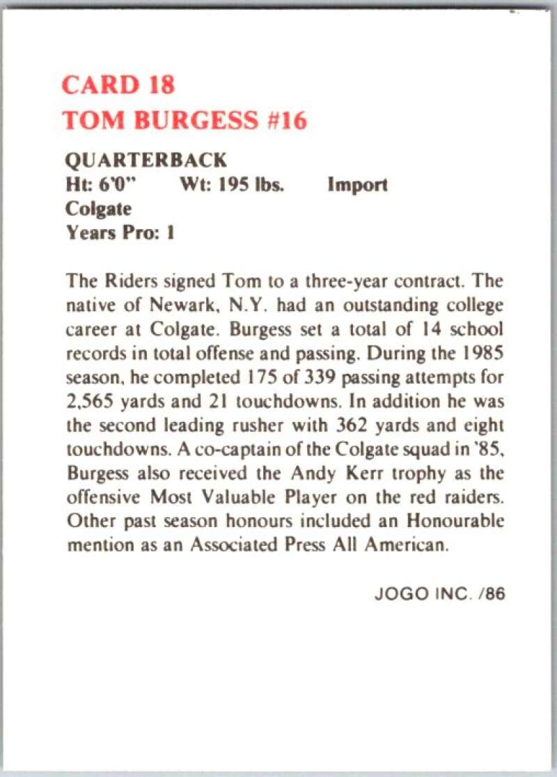 1986 Jogo CFL Football #18 Tom Burgess #16 V45024