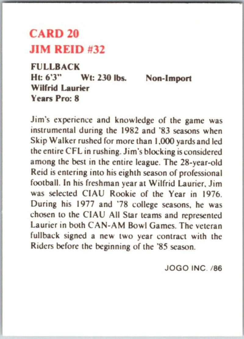 1986 Jogo CFL Football #20 Jim Reid #32  V45026