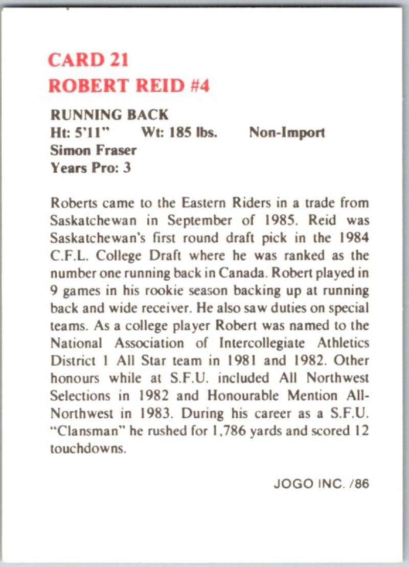 1986 Jogo CFL Football #21 Robert Reid #4  V45027