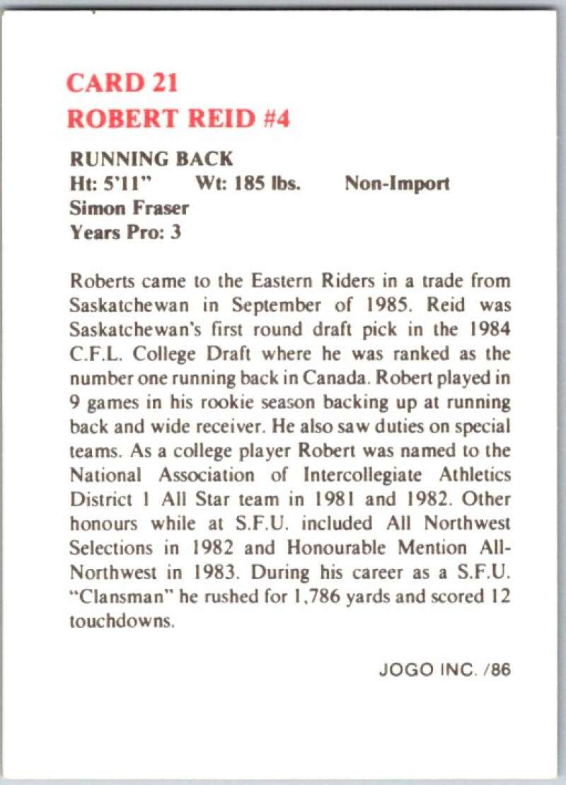 1986 Jogo CFL Football #21 Robert Reid #4 V45027