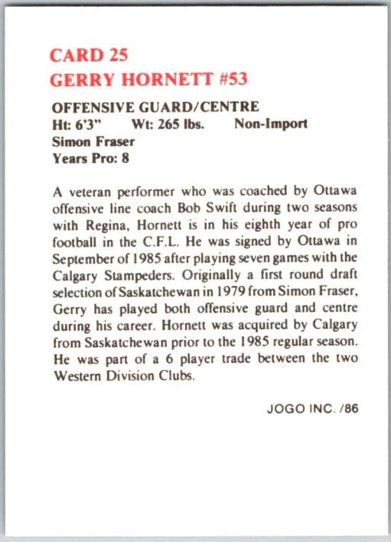 1986 Jogo CFL Football #25 Gerry Hornett #53 V45031