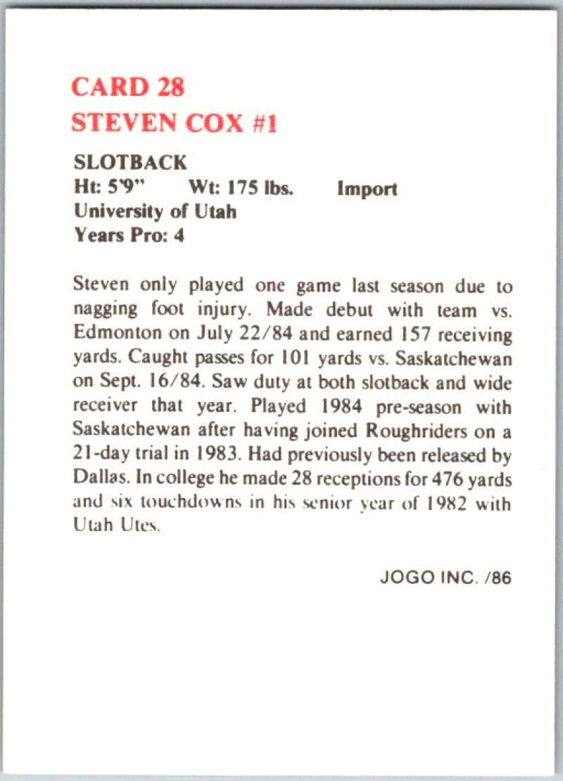 1986 Jogo CFL Football #28 Steven Cox #1 V45034
