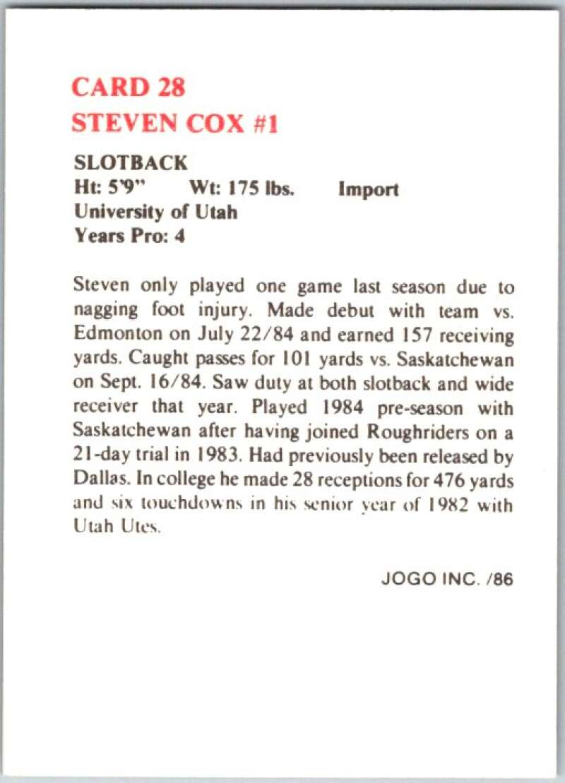 1986 Jogo CFL Football #28 Steven Cox #1  V45034